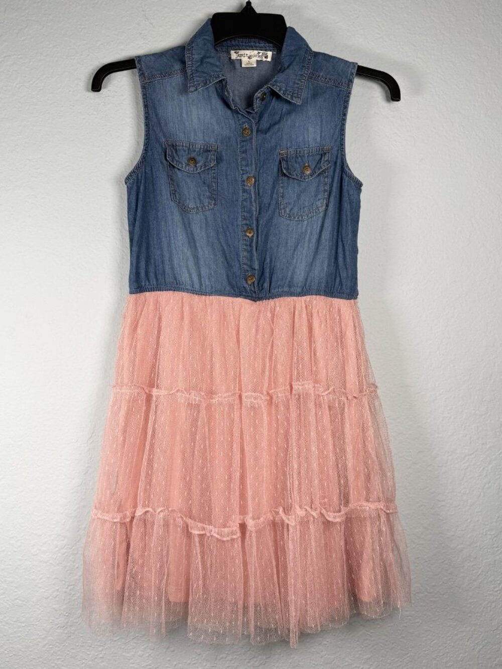 Knitworks Denim Tutu Dress Girls L Pink Polka Dot Tulle Princess Balletcore